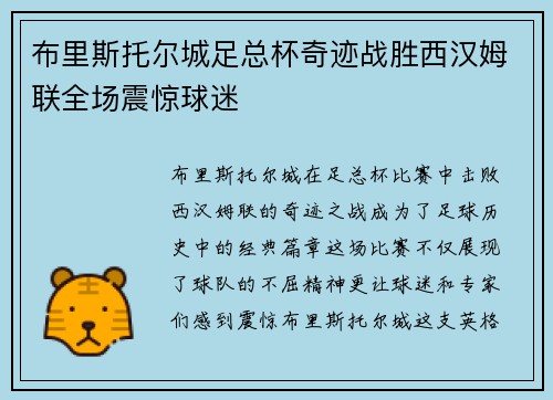 布里斯托尔城足总杯奇迹战胜西汉姆联全场震惊球迷 布里斯托尔城足总杯奇迹战胜西汉姆联全场震惊球迷