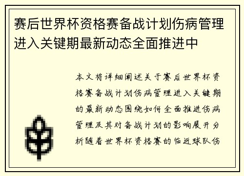赛后世界杯资格赛备战计划伤病管理进入关键期最新动态全面推进中 赛后世界杯资格赛备战计划伤病管理进入关键期最新动态全面推进中