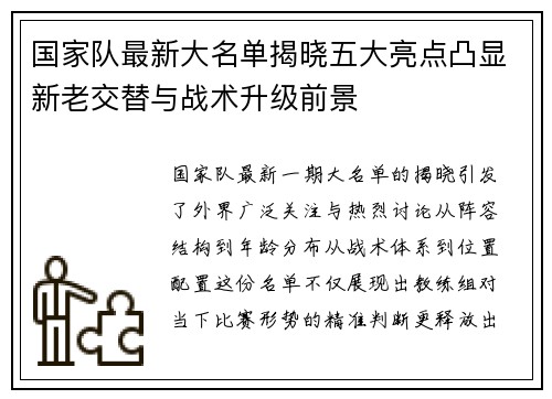 国家队最新大名单揭晓五大亮点凸显新老交替与战术升级前景 国家队最新大名单揭晓五大亮点凸显新老交替与战术升级前景